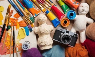 Sammelsurium aus Farbtuben, Pinseln, Wolle, Kamera und Pappmaché-Figuren